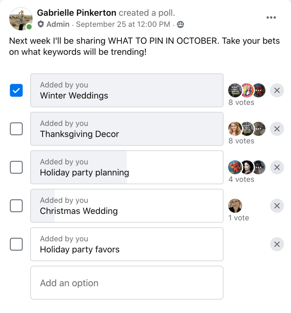 screen shot of Facebook poll asking about what they think they should pin in October
