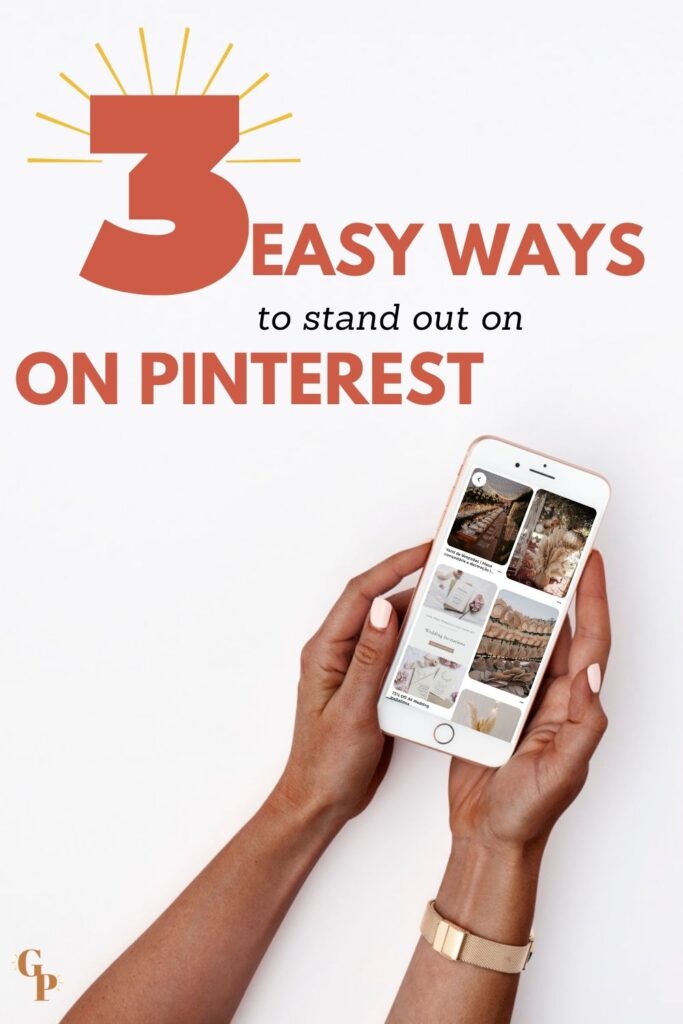 view of woman holding phone with Pinterest app open.